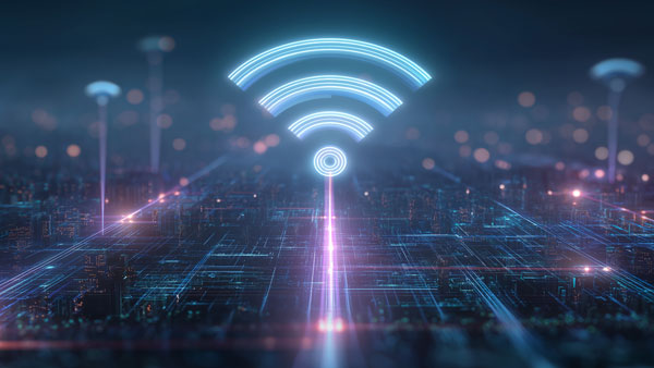 Glowing WiFi signal over futuristic digital city network